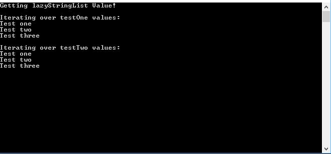 Console output from a test using Lazy objects statically.