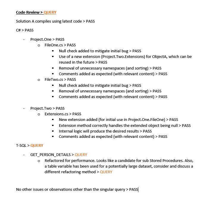 Illustration of how to structure the Code Review Developer Testing Document Section.