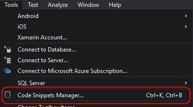 Image showing how to access the Code Snippets Manager within Visual Studio.