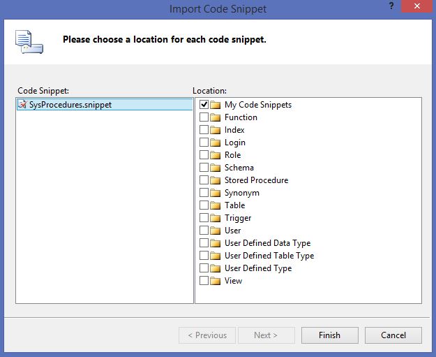 Image showing the MSSQL Server Code Snippets Manager Import Dialog.