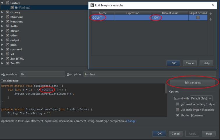 Completing the Live Template Definition.