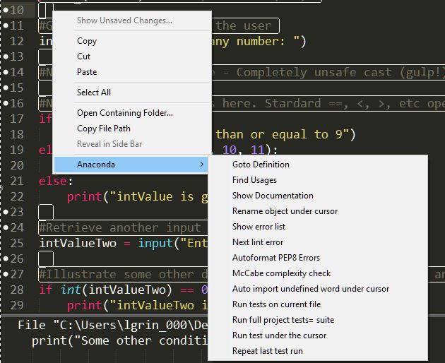Image showing Anaconda in use within Sublime Text 3.