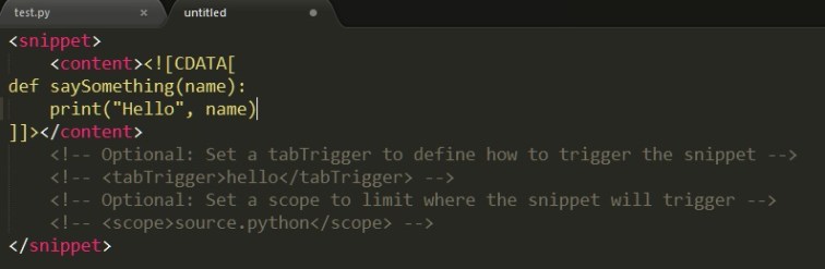 Image showing the default setup for a snippet in Sublime Text 3.