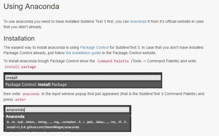 Image showing setup notes on installing Anaconda for Sublime Text 3.