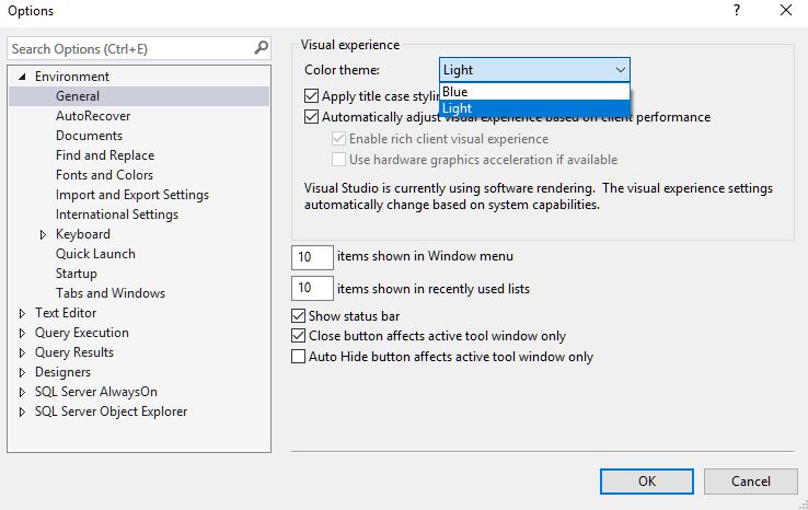Image showing standard colour themes in SSMS.
