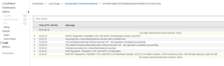 Start Instance Lambda Logs Content.